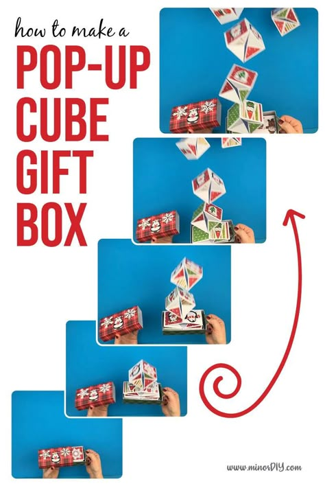 Easily make this amazing DIY Christmas gift box with your Cricut! The pop-up cubes leaping out will delight whoever opens it! #papercraft #cricut #cricutmakerproject #handmadeChristmas Diy Pop Up Money Card, Explosion Box Card Ideas, Pop Open Box Diy, Diy Exploding Gift Box Pop Up, Pop Up Boxes Diy, Pop Up Money Box Card, Pop Up Box Ideas, Christmas Exploding Box Ideas, Exploding Money Box Diy