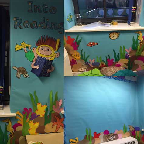 Dive into reading. Under the sea themes Reading corner for year 3 classroom. Incorporating literacy working wall. Ocean Theme Reading Area, Under The Sea Book Fair Ideas, Under The Sea Book Corner, Ocean Book Fair Theme, Literacy Working Wall, Under The Sea Library Bulletin Board, Literacy Display, Reading Corner Classroom, Reading Display