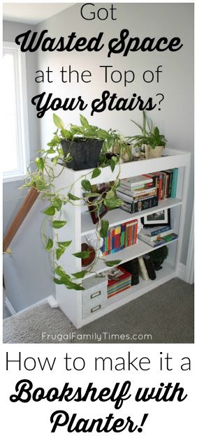 How to take an empty spot at the top of stairs and turn it into a built-in bookcase with a planter on top. Our first DIY bookshelf that's built to fit this space perfectly - is a great first project for any beginner. #builtin #DIY #bookcase Library At Top Of Stairs, Small Top Of Stairs Landing, Decorating Top Of Stairs Landing, Top Of Stairs Landing Decor, Top Of Stairs Landing, Stairs Landing Decor, Stair Bookshelf, Stair Landing Decor, Entry Remodel