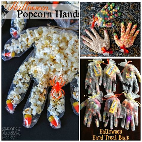 Fill a plastic glove with popcorn and candy corn! Made by Yummy Healthy Easy Use a surgical glove (latex free) and fill it with candy! Love how she used smarties for the finger spots. Made by Queens Card Castle Fill the entire gloves with butterscotch chips, candy corn, or sixlets! Love how they used Mike … Popcorn Hands, Classroom Parent, Snack Halloween, Healthy Autumn, Easy Treats To Make, Classroom Halloween, Recetas Halloween, Halloween Popcorn, Halloween Class Party