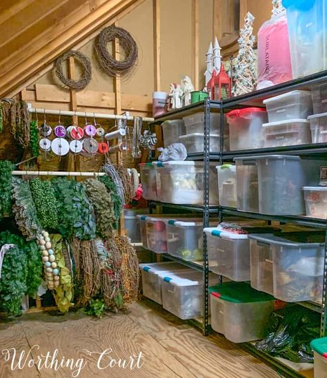 Wreath storage idea and loads of other ideas for attic organization. #atticstorage #atticorganization #wreathstorage #wreathorganization Attic Storage Organization, Organized Christmas Decorations, Attic Organization, Basement Organization, Christmas Decoration Storage, Ideas Closet, Wreath Storage, Attic Closet, Holiday Organization