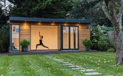 Bespoke garden room, yoga space. Garden Yoga Room, Garden Home Gym Ideas, Garden Room With Sauna, Self Build Garden Room, Home Gym Outbuilding, Outdoor Pilates Studio, Yoga She Shed, Gym Garden Room, Garden Office Room