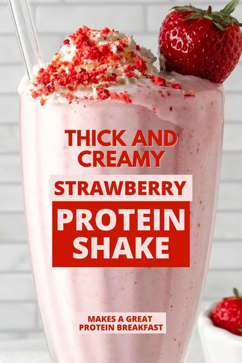 With 27g protein and only 200 calories, this Strawberry Protein Shake is perfect for weight loss, muscle gain, or a delicious protein snack! Only 4 ingredients! Easy, quick, high protein breakfast. Protien Shake Recipes, Protein Powder Recipe, Fruit Protein Shakes, Strawberry Protein Shake, Strawberry Protein Smoothie, Easy Protein Shakes, Homemade Protein Shakes, Breakfast Shakes Protein, Protein Drink Recipes