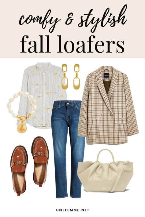 Elevate your casual outfits this fall with comfortable & chic loafers. Fall's best loafer styles for women. Cheap Brown Loafers For Fall, Tan Leather Loafers Women Outfit, Outfits With Tan Loafers, Taupe Loafers Outfit, Brown Loafer Outfits Women, Light Brown Loafers Outfit, Camel Loafers Outfit, Camel Loafers Outfit Women, Brown Loafers Outfit Women Casual