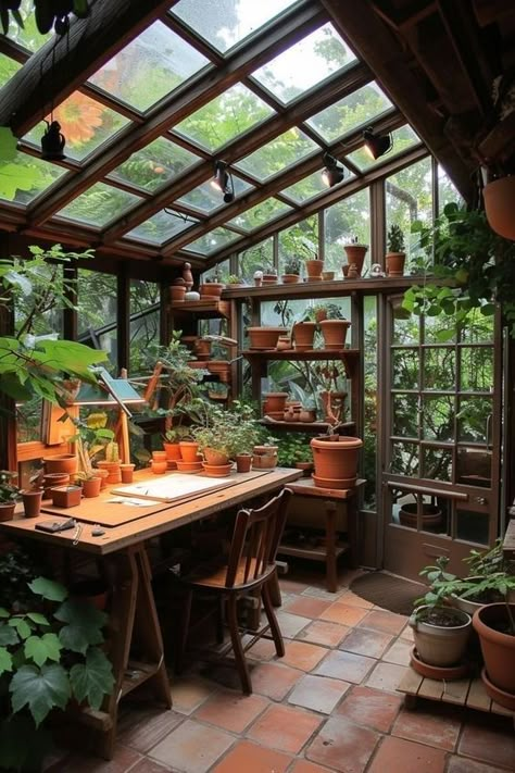 Sit In Greenhouse, Plant Room Greenhouse, Greenhouse Sitting Room, Green House Art Studio, Greenhouses Attached To House, Greenhouse Tiny House, Greenhouse Office Space, Greenhouse Interior Design, Greenhouse Art Studio