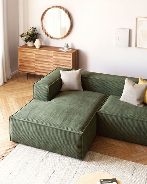 Exclusive Sofa Design, Green Sofa Wooden Floor, Corduroy Sofa Couch, Sofa Seating In Living Room, Apartment Green Couch, Two Different Sofas In Living Room, Green Interior Design Living Room, Wooden Floor Interior Design, Corduroy Sofa Living Room