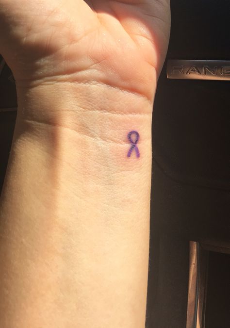 Awareness ribbon tattoo for epilepsy. Blue Ribbon Tattoo, Purple Ribbon Tattoos, Alzheimers Tattoo, Crohns Tattoo, Finger Meaning, Tattoo On Finger, Small Wave Tattoo, Awareness Tattoo, Band Tattoos