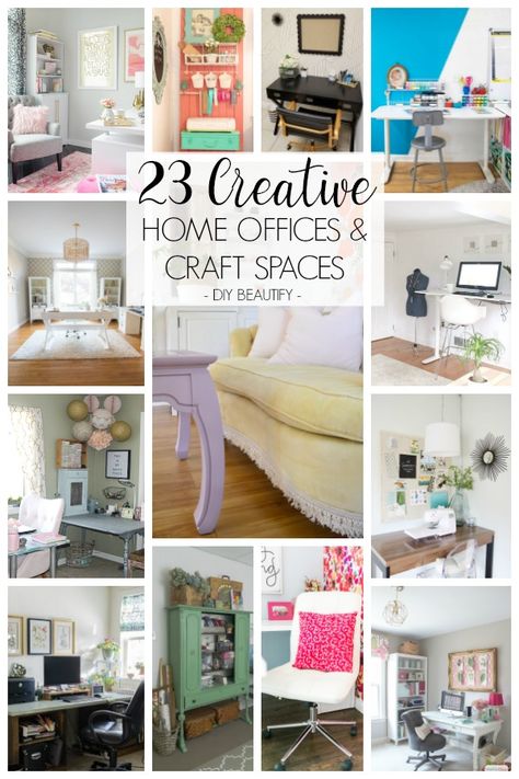 23 creative home office and craft spaces at www.diybeautify.com. Hobby Corner Ideas, Craft And Office Room Ideas, Office/craft Room, Home Office And Craft Room Combo, Craft Corner Ideas Small Spaces, Craft And Office Room, Diy Office Makeover, Home Office Craft Room Combo, Creative Workspace Studio