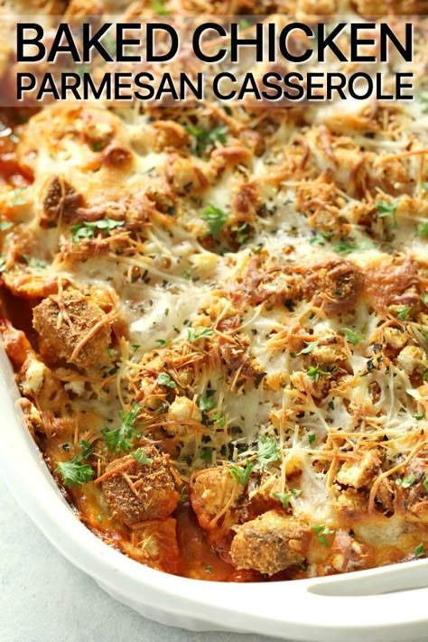 Baked Chicken Parmesan Casserole, Chicken Parmesan Casserole Recipe, Chicken Parmesan Recipe Baked, Parmesan Casserole, Oven Baked Chicken Parmesan, Crouton Recipes, Chicken Parmesan Casserole, Easy Chicken Parmesan, Six Sisters Stuff