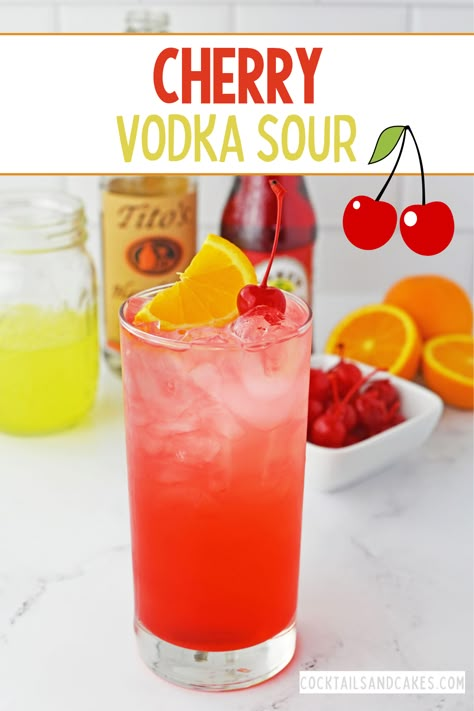 This Cherry Vodka Sour is an easy cocktail made with vodka, grenadine, and lemon-lime sour mix. Cherry Vodka Drinks, Vodka Sour Recipe, Titos Vodka Recipes, Cherry Vodka Sour, Vodka Drinks Easy, Cocktails Made With Vodka, Drink For Summer, Vodka Sour, Alcoholic Punch Recipes