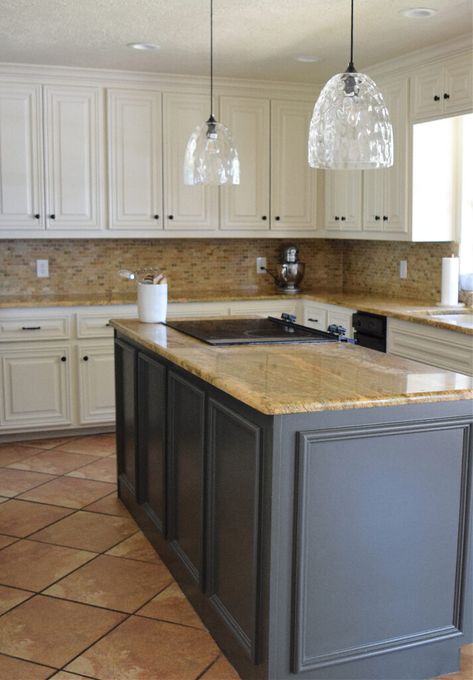 White Kitchen Cabinets With Tan Granite, Tan Countertops Kitchen Paint Colors, Tan Kitchen Countertops, Tan Countertops Kitchen, Painted Wood Kitchen, Island Stove, Gold Granite Countertops, Travertine Tile Backsplash, Cabinet Update