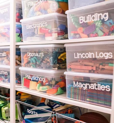 Organization Ideas Playroom, Apartment Toy Storage, Organizing Playmobil Toys, Toy Organization Playroom, Toy Storage Cupboard Ideas, Toy Shelf Storage, Storage Bins Organization Closet, Sensory Toy Organization, Toy Organization Ideas Closet