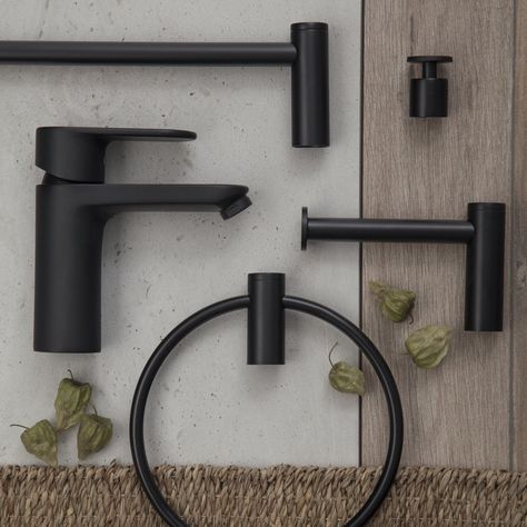 Matt Black Bathroom Accessories, Bathroom Accessories Black, Dark Neutral Bathroom, Neutral And Black Bathroom, Bathroom Material Board, Matt Black Bathroom, Bathroom Materials, Black Bathroom Fixtures, Bathroom Accesories