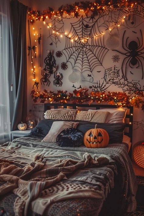 Fall Halloween Room Aesthetic, Spooky Room Aesthetic, Cozy Halloween Bedroom, Halloween Room Ideas, Halloween Room Decor Diy, Halloween Bedroom Aesthetic, Spooky Bedroom, Spooky Room, Living Room Halloween Decor