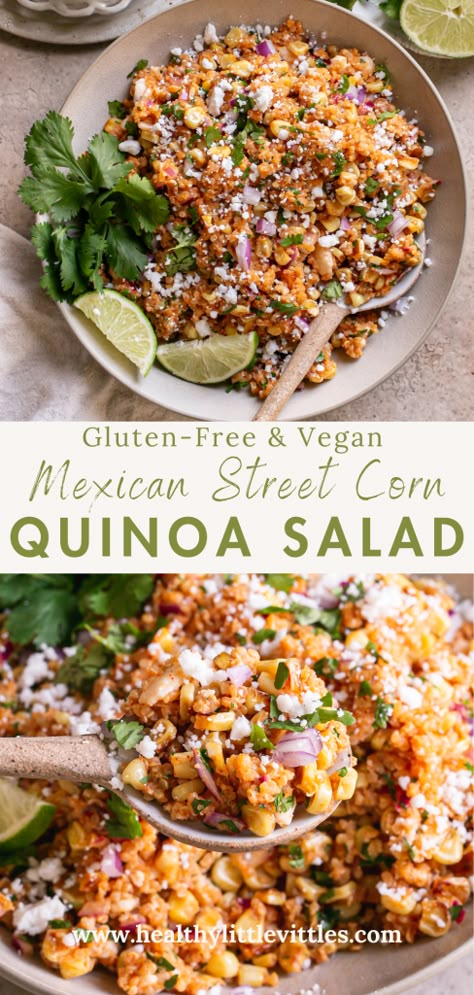 This Dairy-Free Mexican Street Corn Quinoa Salad is a fun spin on Mexican Street Corn! With a boost of complete protein from the quinoa and the delicious dairy-free smoked paprika dressing, this is sure to be on your summer picnic side dish rotation! Quinoa Meal Recipes, Gluten And Dairy Free Lunch Meal Prep, Vegan Party Side Dishes, Mexican Street Corn Quinoa Salad, Healthy Quinoa Side Dish, Quinoa And Corn Salad, Flavor Quinoa Recipes, Mexican Street Corn Dinner, Dairy Free Vegetarian Meals