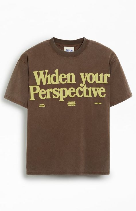 Step into a new perspective with the POV T-Shirt. Designed with a classic crew neckline, short sleeves, and a relaxed fit, it boasts a vintage wash for a timeless look. The front showcases bold "Widen Your Perspective" graphics, making it a statement piece for those who dare to see the world differently.   	Crew neckline 	Short sleeves 	Oversized fit  	Front graphics 	Machine washable Outfit Ideas Tshirt, Tshirt Design Ideas, Shirt Outfit Ideas, Vintage Shirt Design, School Shirt Designs, Cool Shirt Designs, Typography Tees, Pacsun Mens, Trendy Shirt Designs