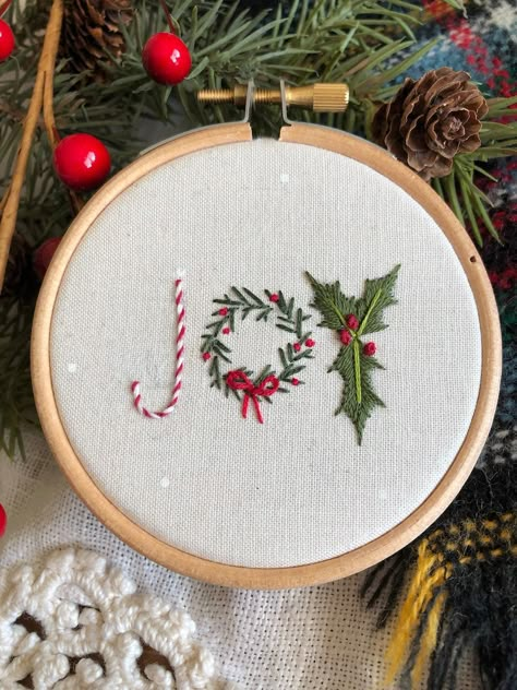 JOY Pattern - Etsy UK Christmas Embroidery Gifts, Embroidery Cristhmas, Embroidery Patterns Letters, Small Christmas Embroidery Patterns, Christmas Light Embroidery, Christmas Present Embroidery, Winter Embroidery Patterns, Cross Stitch Christmas, Christmas Floral Embroidery