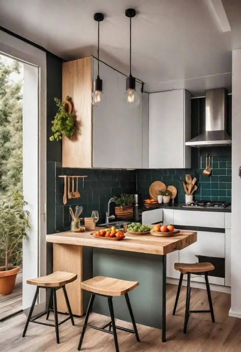 Small Dining And Kitchen Combo, Small Kitchen With Counter, Modern Kitchen Peninsula, Small Kitchen With Dining Table, Tiny Kitchen With Island, Square Kitchen Ideas, Open Kitchen With Breakfast Counter, No Kitchen Island, Open Floor Plan Living Room And Kitchen