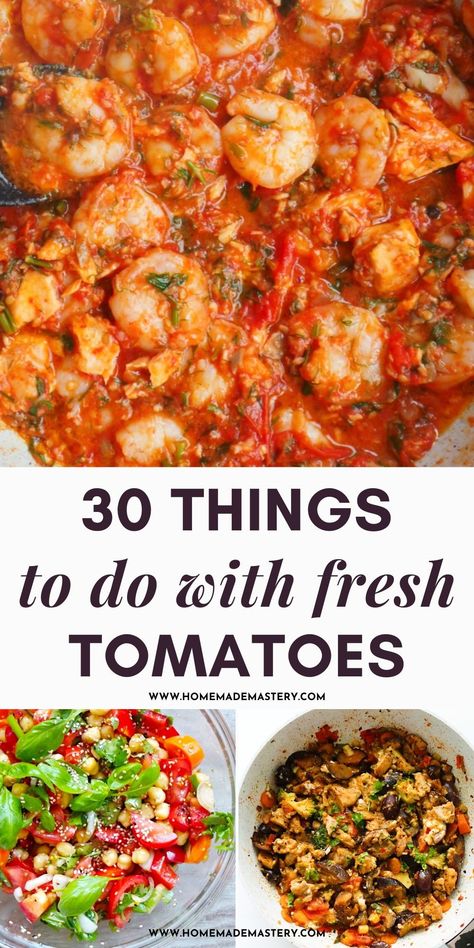 Delicious, quick and easy fresh tomato recipes. These are perfect if you have ripe tomatoes at home and wonder what to do with lots of tomatoes. The collection includes tomato salad recipes, one-pan tomato dinner recipes and tomato pasta recipes! Garden Tomato Recipes Freezer, Recipe That Uses Lots Of Tomatoes, Tomato Based Dinner Recipes, Ways To Use Up Tomatoes, Recipes For Lots Of Tomatoes, Tomato Supper Recipes, Dinner Recipes Tomatoes, Tomato Base Recipes, What To Do With Lots Of Fresh Tomatoes