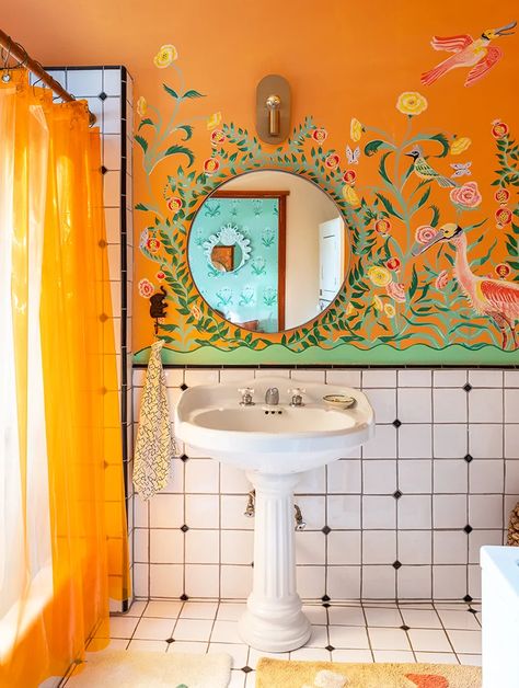 An L.A. Home With Cheery Colors and the Coolest Bathrooms | Cup of Jo Mirror Frame Diy, Interiors Dream, Hand Painted Walls, Diy Mirror, Bathroom Colors, Dream House Decor, Bathroom Makeover, Amazing Bathrooms, Bathroom Inspiration