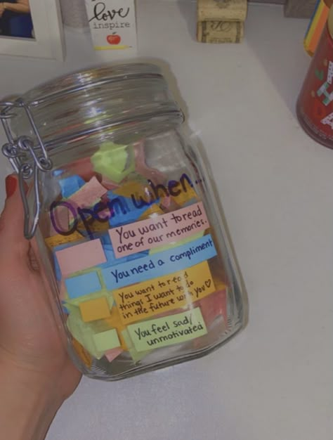 #openwhenletters #openwhen #deployment #deploymentjar #military #forhim #giftsforboyfriend #distance #longdistancerelationship Note Jars For Boyfriend, 100 Notes Jar, Long Distance Jar Boyfriends, Jar Of Notes For Girlfriend, Jar Full Of Notes For Best Friend, Birthday Present Ideas For Long Distance Best Friend, Read Me When Jar Ideas, Jar Full Of Notes For Him, Motivation Jar Ideas