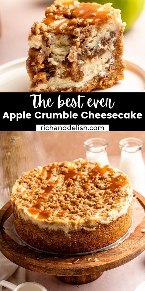 Caramel Apple Crumble Cheesecake, Cheesecake Flavors, Apple Cheesecake Recipes, Apple Crumble Cheesecake, Recipes For Winter, Crumble Cheesecake, Birthday Cheesecake, Oat Crumble, Apple Pie Filling