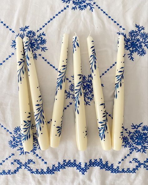 Blue and white embroidered tablecloth with blue and white hand painted candles How To Hand Paint Candles, Painting On Candles, Candles Painting, Paint Candles, Blue And White Candles, How To Paint Candles, Candle Painting Ideas, Candle Painting, Etnic Pattern