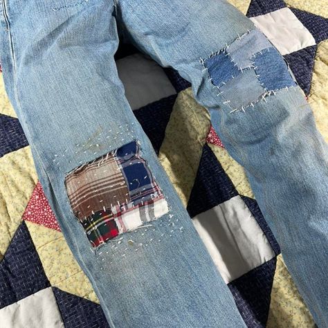 I might be biased but you should probably buy this on Depop 👍 https://depop.app.link/Mkz20pNHEnb How To Patch Jeans, Patch Pants, Mending Clothes, Jeans Patchwork, Sashiko Embroidery, Patchwork Jeans, Patched Jeans, Clothing Rack, Levi's Jeans