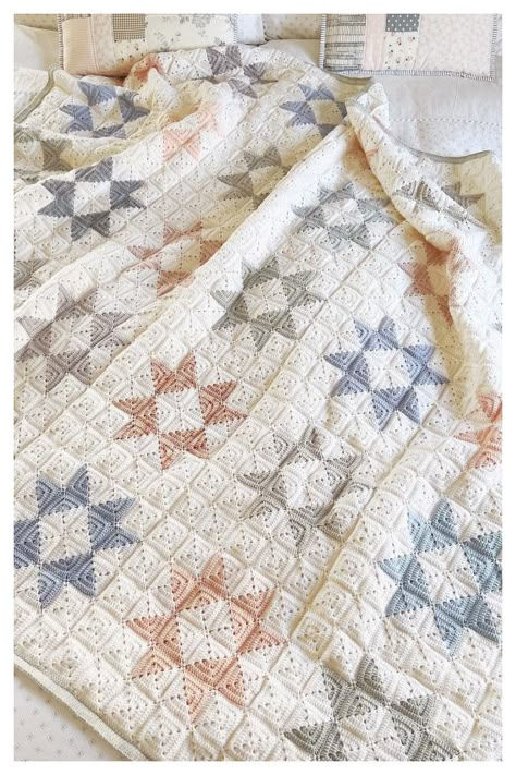 Star Quilt Bedspread Blanket Free Crochet Pattern - DIY Magazine Cross Stitch Crochet Blanket, Patchwork Crochet Blanket, Crochet Quilt Blanket, Granny Square Blanket Crochet Pattern, Crochet Coverlet, Crochet Star Blanket, Crochet Quilt Pattern, Granny Square Quilt, Crochet Throw Pattern