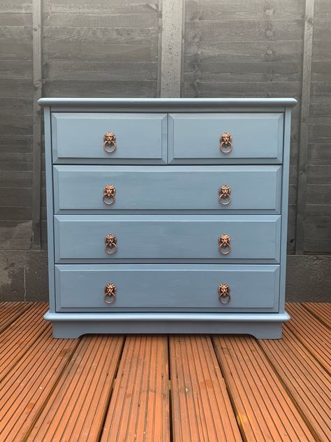 Blue Console Table, Blue Chest Of Drawers, Blue Drawers, Copper Handles, Shop Projects, Dusky Blue, Wood Shop Projects, Blue French, Wood Cover