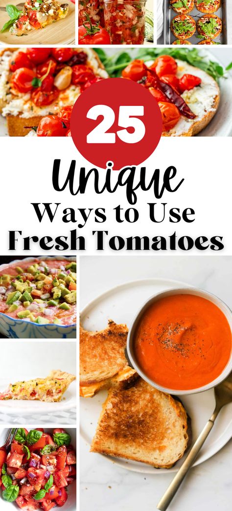 In this post, I'm sharing 25 inventive ways to make the most of your fresh garden tomatoes. From classic recipes that celebrate their natural sweetness to unexpected combinations that your family will love there's something here to satisfy every person around your table's appetite and inspire your culinary creativity. Leftover Tomatoes, Southern Tomato Pie, Preserving Tomatoes, Garden Tomatoes, Tomato Relish, Italian Sauce, Tomato Pie, Summer Tomato, Classic Recipes