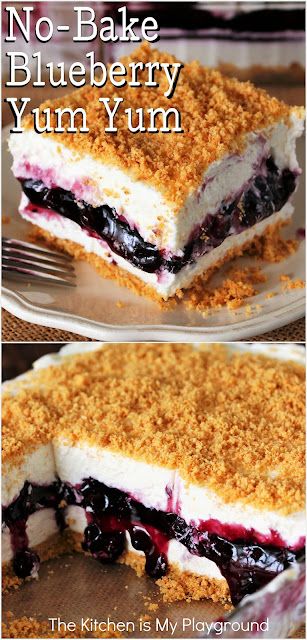 No-Bake Blueberry Yum Yum ~ With two fluffy layers sandwiching a layer of blueberry pie filling, this Southern classic is no-bake deliciousness at its best! www.thekitchenismyplayground.com Yum Yum Cake, Blueberry Yum Yum, The Kitchen Is My Playground, Fluffy Layers, Blueberry Desserts Recipes, Blueberry Cheesecake Recipe, Yum Yum Dessert, Blueberry Pie Filling, Baked Dessert