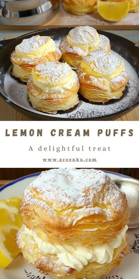 Lemon Cream Puffs with Mascarpone Filling Ingredients: For the Lemon Cream: Skin of 1 lemon (zest only) 1/2 liter (18 oz) milk 2 eggs 120 grams (4.2 oz) sugar 10 grams (1 teaspoon) vanilla sugar 50 grams (1.7 oz) cornstarch For the Choux Pastry: 100 ml (1/2 glass) water 100 ml (1/2 glass) milk 80 grams (6 tablespoons) butter 1 pinch of salt 1 teaspoon sugar 120 grams (4.2 oz) flour 3-4 eggs (depending on size) For the Mascarpone Filling: 250 grams (8.8 oz) mascarpone #Lemon #Cake Lemon Cream Puffs Recipe, Lemon Cream Puffs, Homemade Cream Puffs, Cream Puffs Recipe, Puff Dessert, Mascarpone Filling, Cream Puff Recipe, Puff Pastry Desserts, Puff Recipe