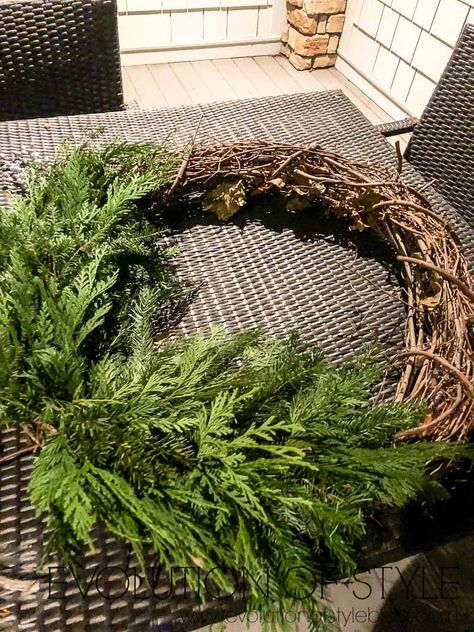 Mixed Greens Wreath, Simple Pine Wreath, Grapevine Evergreen Wreath, How To Make A Wreath With Pine Branches, How To Make A Cedar Wreath, Greenery Christmas Wreaths, Winter Greenery Wreath, Juniper Wreath Diy, Winter Grapevine Wreaths