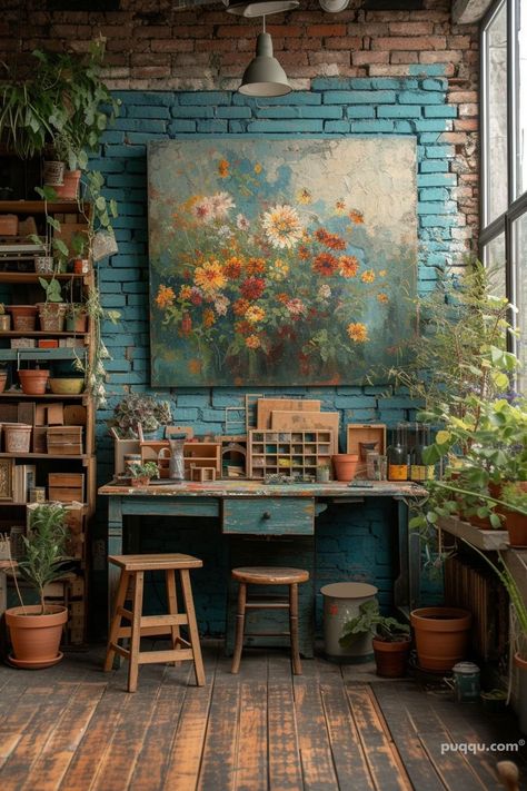 Bohemian Art Studio, Earthy Art Studio, Artist Workspace Creative Spaces, Art Studio Vintage, Cottagecore Art Studio, Whimsical Art Studio, Art Studios At Home, Cottage Core Art Studio, Art Corner Studio