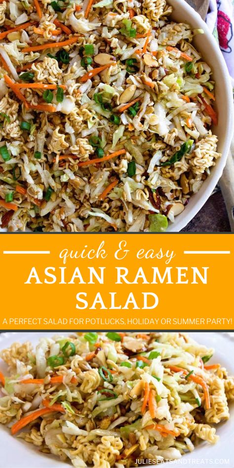 Asian Ramen Salad sweet, savory, with the perfect amount of crunch! Not only is this side dish quick and easy to make, but it is full of flavor from cabbage, carrots, noodles, and a homemade dressing. Check out how you can serve this recipe as a main dish for lunch! Asian Ramen Salad, Salad For A Crowd, Salad Asian, Asian Ramen, Asian Salad Recipe, Easy Summer Salad, Ramen Salad, Ramen Noodle Salad, Easy Ramen