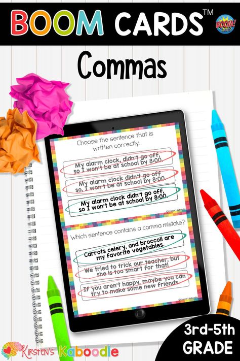 This BOOM deck of 36 digital task cards helps students with identifying the correct comma placement. They are perfect for your 3rd, 4th, and 5th grade classroom. These 36 BOOM Cards allow your students to identify comma rules, choose whether the comma placement is correct or incorrect as well as multiple choice! This is completely digital and provides the students with engaging tasks and immediate feedback on their activities. Commas In A Series, Comma Rules, Coordinating Conjunctions, Reading Recovery, Student Login, 5th Grade Classroom, Language Arts Elementary, Third Grade Teacher, Language Arts Lessons