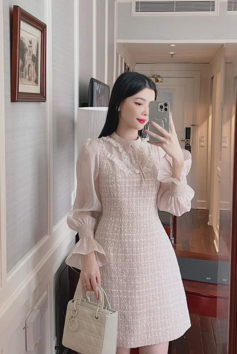 Korean Formal Dress Classy, Tweed Dress Outfit Classy, Korean Evening Dress, Softgirl Outfits, Korean Fashion Women Dresses, Chinese Fashion Street, Girls Dress Sewing Patterns, Pretty Quinceanera Dresses, Outfit Classy