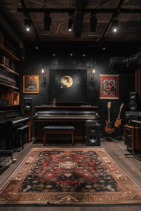 29 Dark Aesthetic Decor Ideas for a Boldly Mysterious Home Atmosphere 27 Dark Music Studio Room, Music Room Decoration Ideas, Loft Music Room, Rustic Music Studio, Art Deco Music Room, Gothic Music Room, Black Recording Studio, Vintage Recording Studio, Dark Music Studio