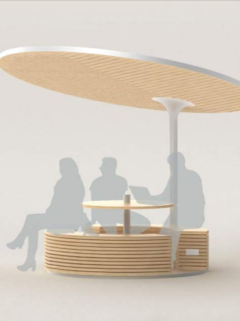 Pods are a neat solution for renewable energy for your outdoor office, home, or cafe. The round solar canopy mimics a large jungle leaf, shading comfortable seating space below. The flexible design comes with or without a table and can be used as an outdoor work space, study area, or compact shaded bench for urban areas. The design includes internal battery storage so Pod can provide power for versatile patron needs. Outdoor Working Space Design, Outdoor Office Furniture, Outdoor Shading Ideas, Shade Design Outdoor, Round Sitting Area, Outdoor Study Area, Round Bench Seating, Outdoor Study Space, Outdoor Working Space