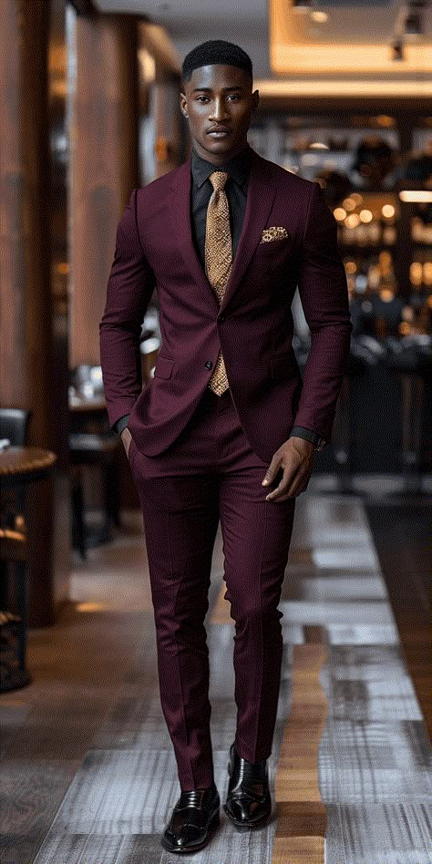 Wedding Day Dress To Impress For Men: Bold and Bright Suit Red Black And Gold Mens Suit, Men’s Wedding Outfit Casual, Men’s Burgundy Suit Outfit, Chocolate Suits For Men, Burgundy Mens Outfit, Jewel Tone Wedding Suit, Burgundy Groom Suit And Groomsmen, Black Burgundy And Gold Wedding Theme, Black And Maroon Suit