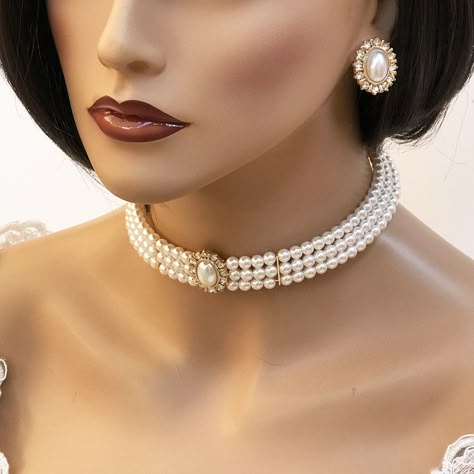 Bridal jewelry set, Bridal choker necklace earrings, Wedding choker, white Victorian pearl jewelry set, bridesmaid jewelry, choker set by GlamDuchess on Etsy Luxury Pearl Necklace, Luxury Pearl Jewelry, Bride Pearl Necklace, Bridal Choker Necklace, 1940s Jewelry, Pearl Jewelry Set, White Victorian, Evening Jewelry, Bridal Choker