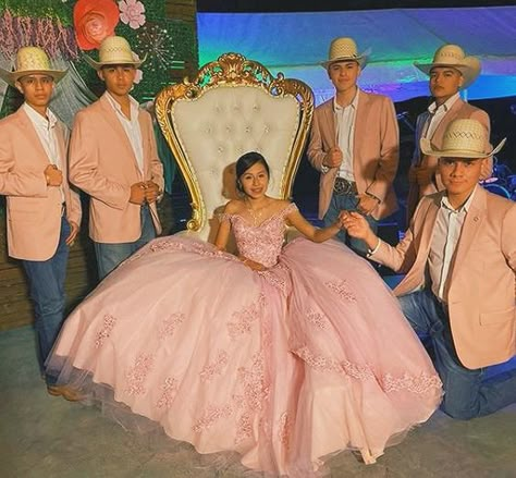 Vaquero Theme Quinceanera, Chambelanes Outfits Pink, Chambelanes Outfits Quinceanera Vaquero, Quinceanera Court Outfits, Quinceanera Chambelanes Outfits, Quince Chambelanes Outfits, Chambelanes Outfits Quinceanera, Chambelan Outfits, Light Pink Quinceanera Dresses