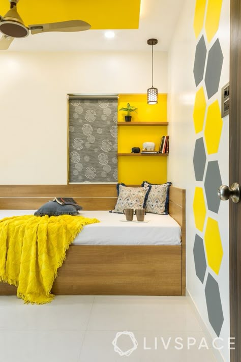 Pop Colour Bedroom, Indian Bedroom Colour Ideas, Kids Room Colour Combination, Indian Bedroom Color Combination, Pop Colour Combinations, Wall Painting Living Room, Room Color Combination, Pop Colour, Indian Bedroom Decor