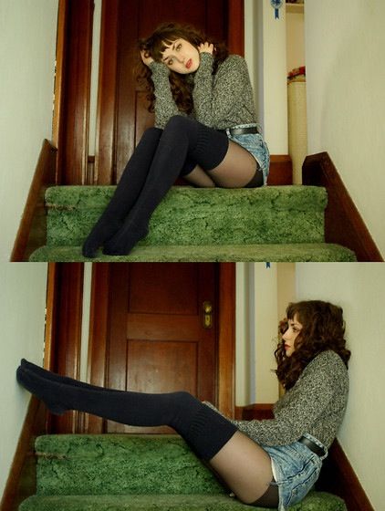 Tights and shorts - Find 150+ Top Online Shoe Stores via http://AmericasMall.com/categories/shoes.html High Socks Outfits, Sunday Outfit, Sock Outfits, Indie Sleaze, Thigh High Socks, Black Stockings, Fjallraven Kanken, High Socks, Thigh High