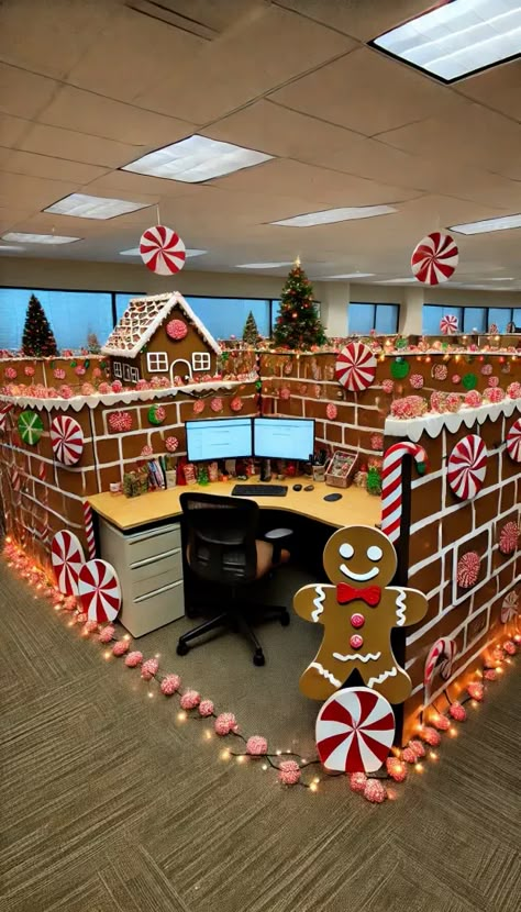 Cubicle Gingerbread House Office Decor, Work Pod Christmas Decorations, Diy Holiday Office Decor, Call Center Christmas Decorations, Holiday Office Cubicle Decor, Office Desk Holiday Decor, Cubical Holiday Decor Office, Cubicle Decorating Ideas For Christmas, Christmas Cubical Decorating Ideas