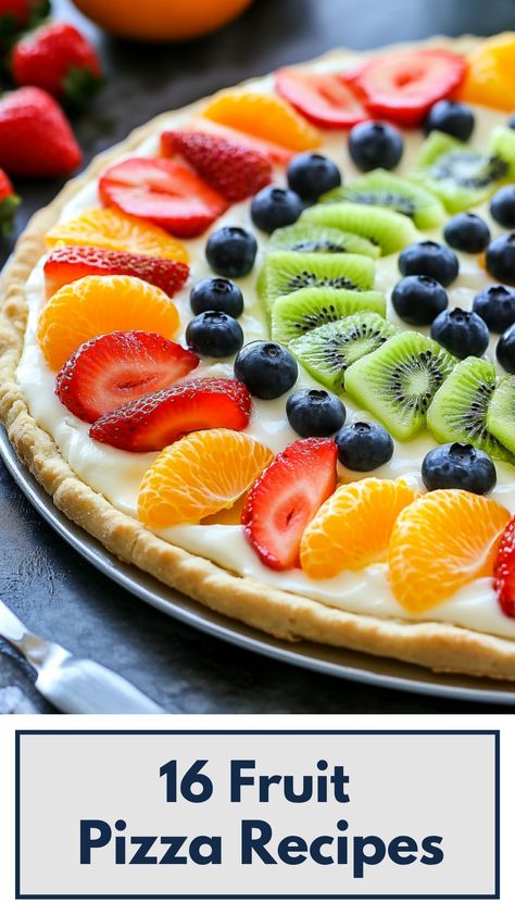 A colorful and delicious fruit pizza topped with fresh strawberries, kiwi, blueberries, and mandarin oranges on a creamy base with a crispy crust. Perfect for any occasion and easy to make at home. Fruit Pizza Recipe Easy, Fruit Pizza With Glaze, Cookie Pizza Fruit, Recipe For Fruit Pizza, Christmas Fruit Pizza, Fruit Pizza Recipes, Best Fruit Pizza, Crescent Roll Fruit Pizza, Fresh Fruit Pizza