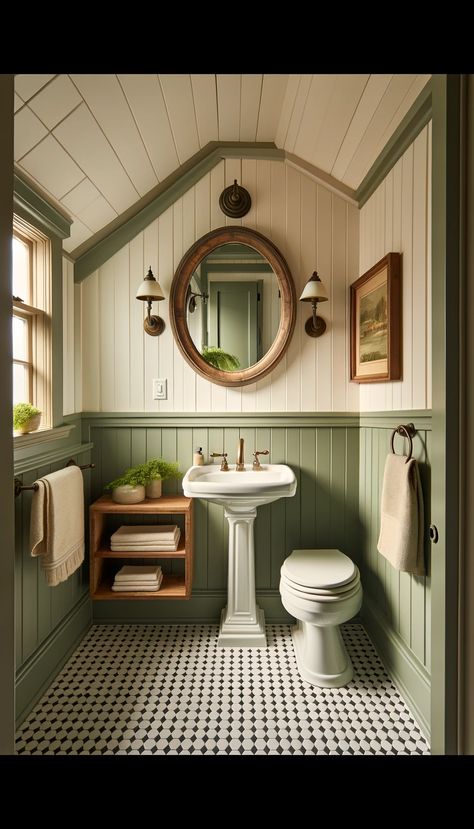 20 Inspiring Farmhouse Rustic Bathroom Ideas to Transform Your Space 🛁✨ - Laugh Lore Sage And White Bathroom, Accent Bathroom Wall Ideas, Green Beadboard Bathroom, Farmhouse Rustic Bathroom, Sage Green Bathroom, Checkered Tile, Rustic Bathroom Ideas, Modern Vintage Bathroom, Folded Towels