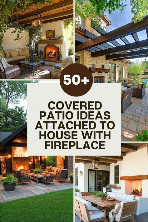 Transform your outdoor living space with Covered Patio Ideas Attached to House with Fireplace. Whether you’re aiming for a rustic feel or a modern touch, these ideas showcase stunning brick fireplaces, cozy seating arrangements, and creative wood pergolas. Discover 50+ more inspiration in the article. Covered Patio Ideas Ranch House, Outdoor Living Spaces Covered, Covered Porch Fireplace Ideas, Covered Patio Between House And Garage, Enclosing Patio Ideas, Covered Pergola With Fireplace, Partial Covered Patio Ideas, Mediterranean Fireplace Outdoor, Outdoor Fireplace And Grill Area