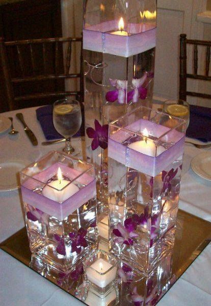 Water Candles, Inexpensive Wedding Flowers, Purple Wedding Centerpieces, Floating Candle Centerpieces, Tafel Decor, Diy Centerpieces, Candle Centerpieces, Centerpiece Ideas, Floating Candles